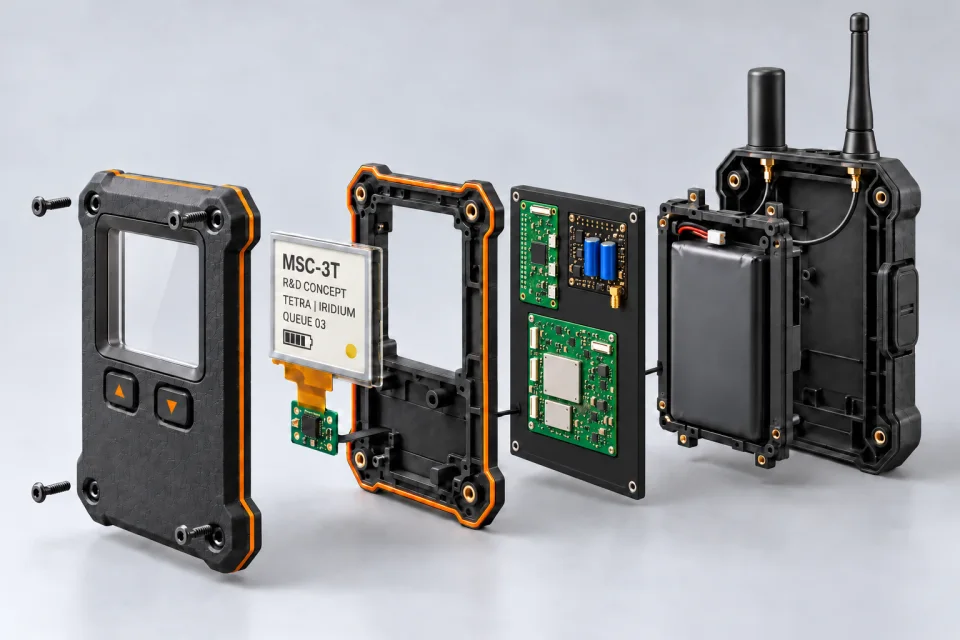 Exploded MSC-3T concept showing display, compute board, satellite modem, radio module and battery; mechanical fit is unverified