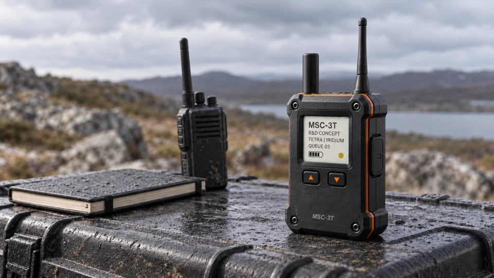 MSC-3T concept beside a generic handheld radio on a transport case in a rendered outdoor scene
