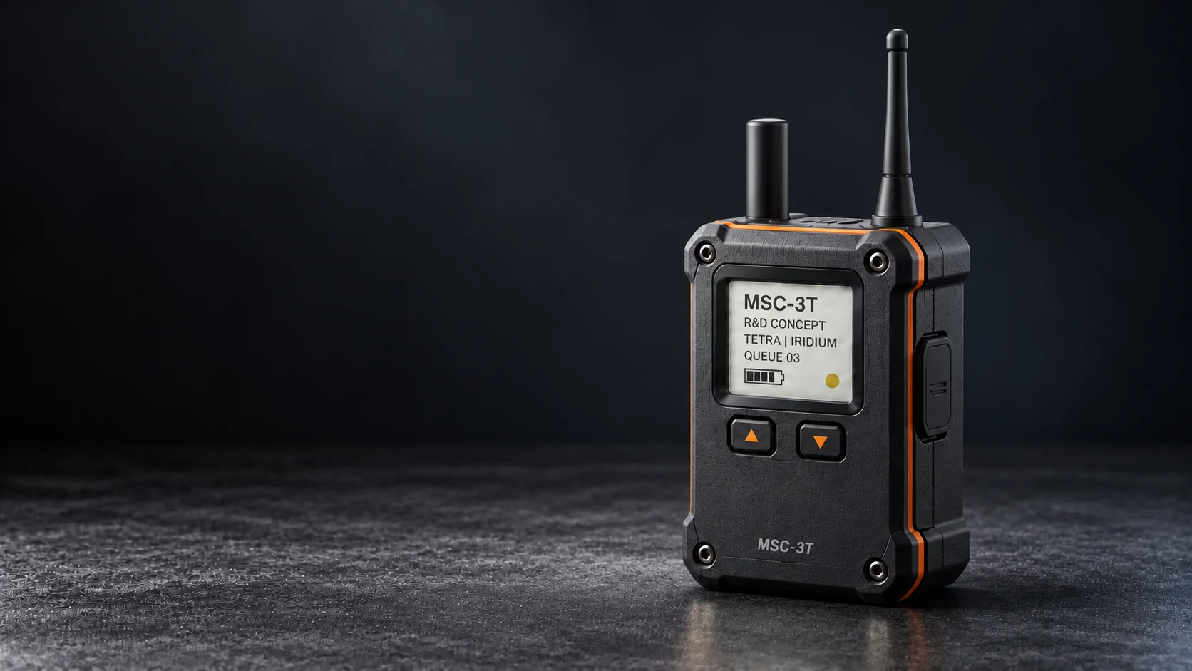 MSC-3T enclosure concept with a small colour e-paper display, compact Iridium antenna and TETRA whip antenna