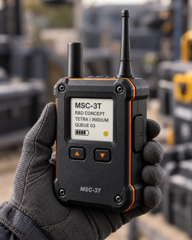 MSC-3T enclosure concept held in a gloved hand, with two antennas visible