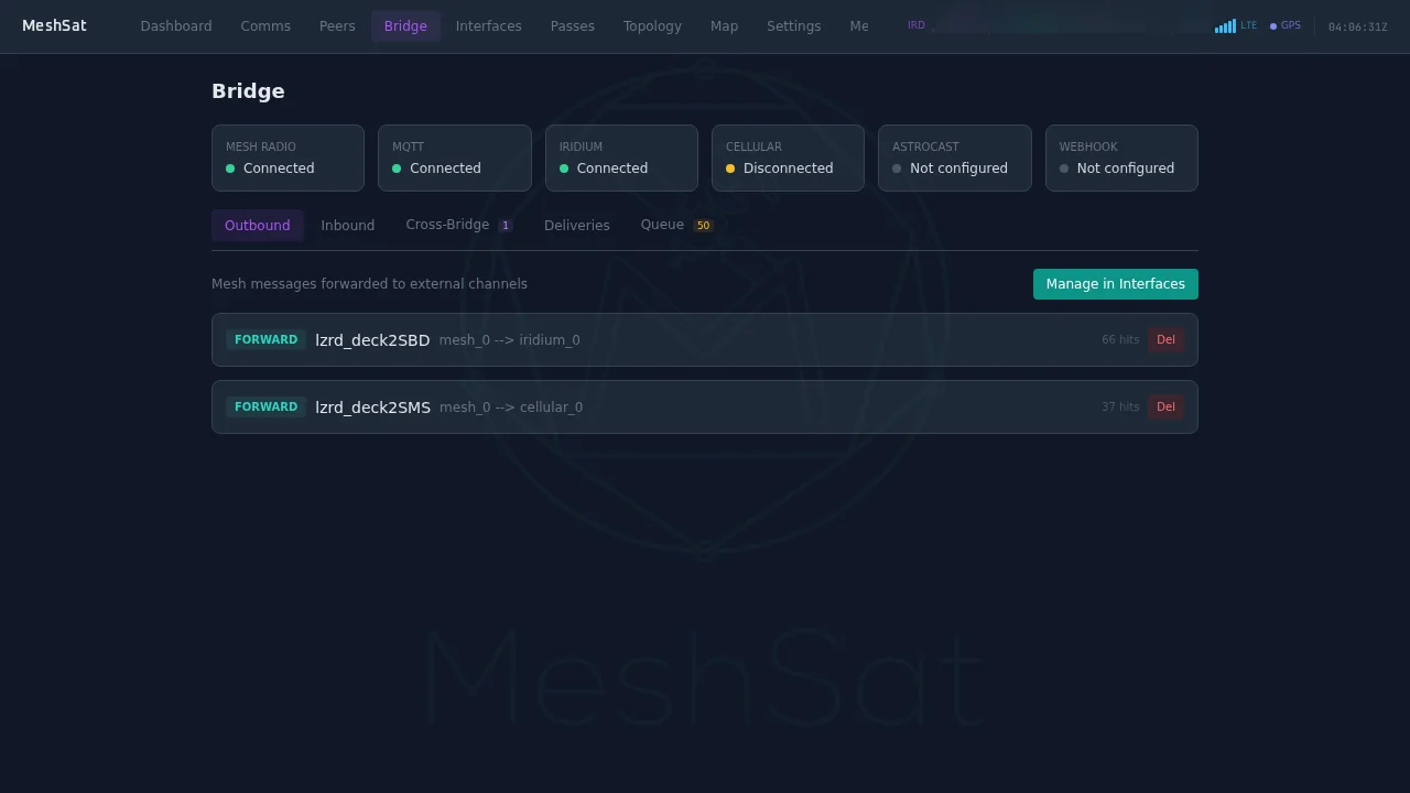 MeshSat Bridge — forwarding rules and gateway status